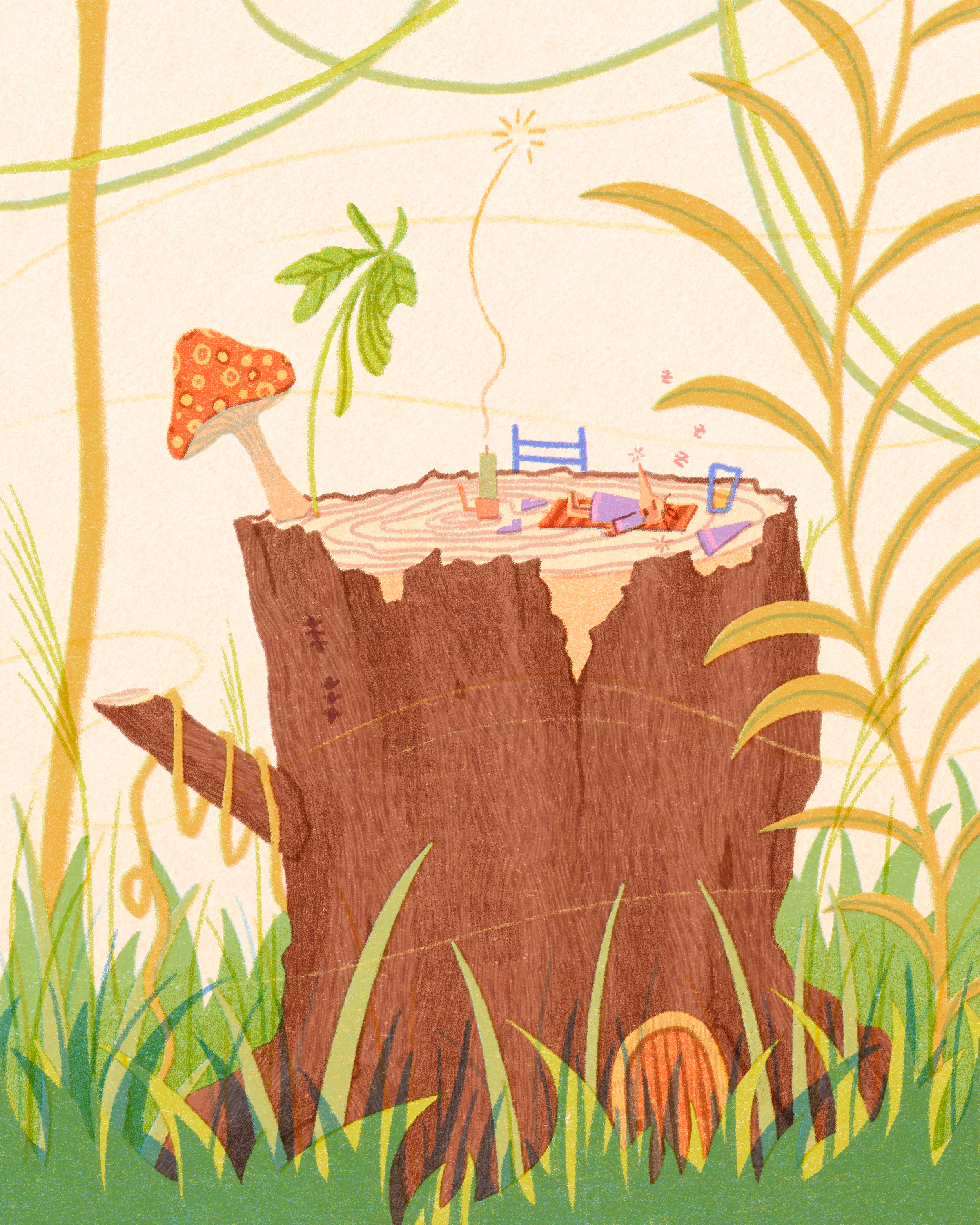 Taking a Cozy Nap art artwork bark breeze childrensillustration design forest house illust illustration ipad kidliuillustration mushroom nap nature peachtober peachtober25 photoshop tree tweetyheather