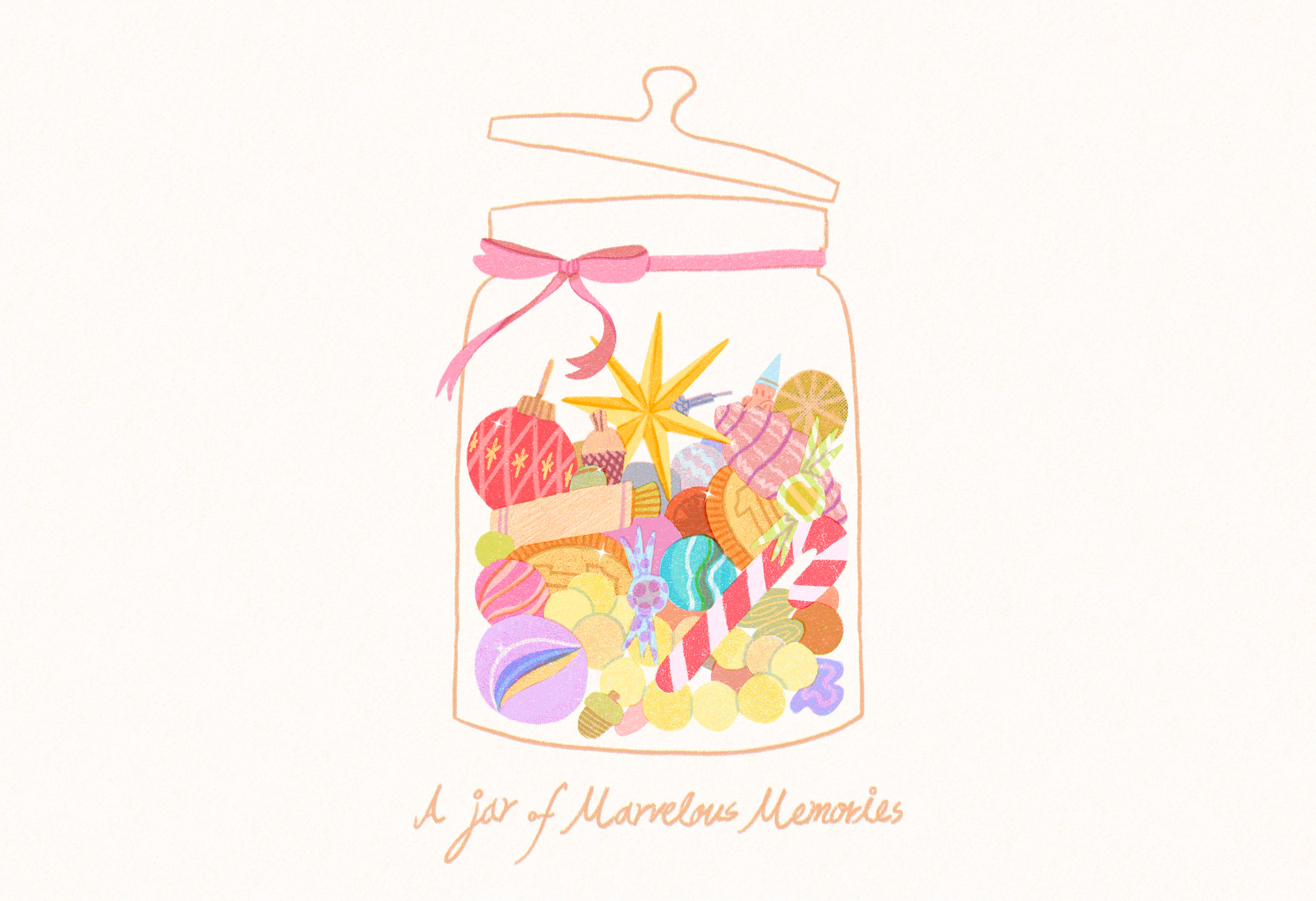 A Jar of Marvelous Memories art artwork candy childrensillustration christmas coin design dessert illust illustration ipad jar kidlitillustration marble ornament pattern peachtober25 photoshop poster tweetyheather