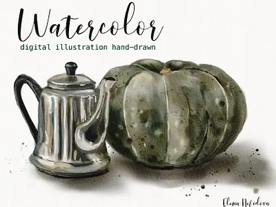 Watercolor still life with teapot and pumpkin autumn autumn illustration botanical art botanical illustration draw drawing green pumpkin hand painted illustration illustrator print prints pumpkin still life teapot watercolor watercolor illustration watercolor painting watercolor pumpkin watercolor still life