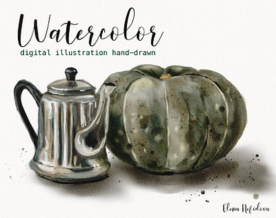 Watercolor still life with teapot and pumpkin autumn autumn illustration botanical art botanical illustration draw drawing green pumpkin hand painted illustration illustrator print prints pumpkin still life teapot watercolor watercolor illustration watercolor painting watercolor pumpkin watercolor still life