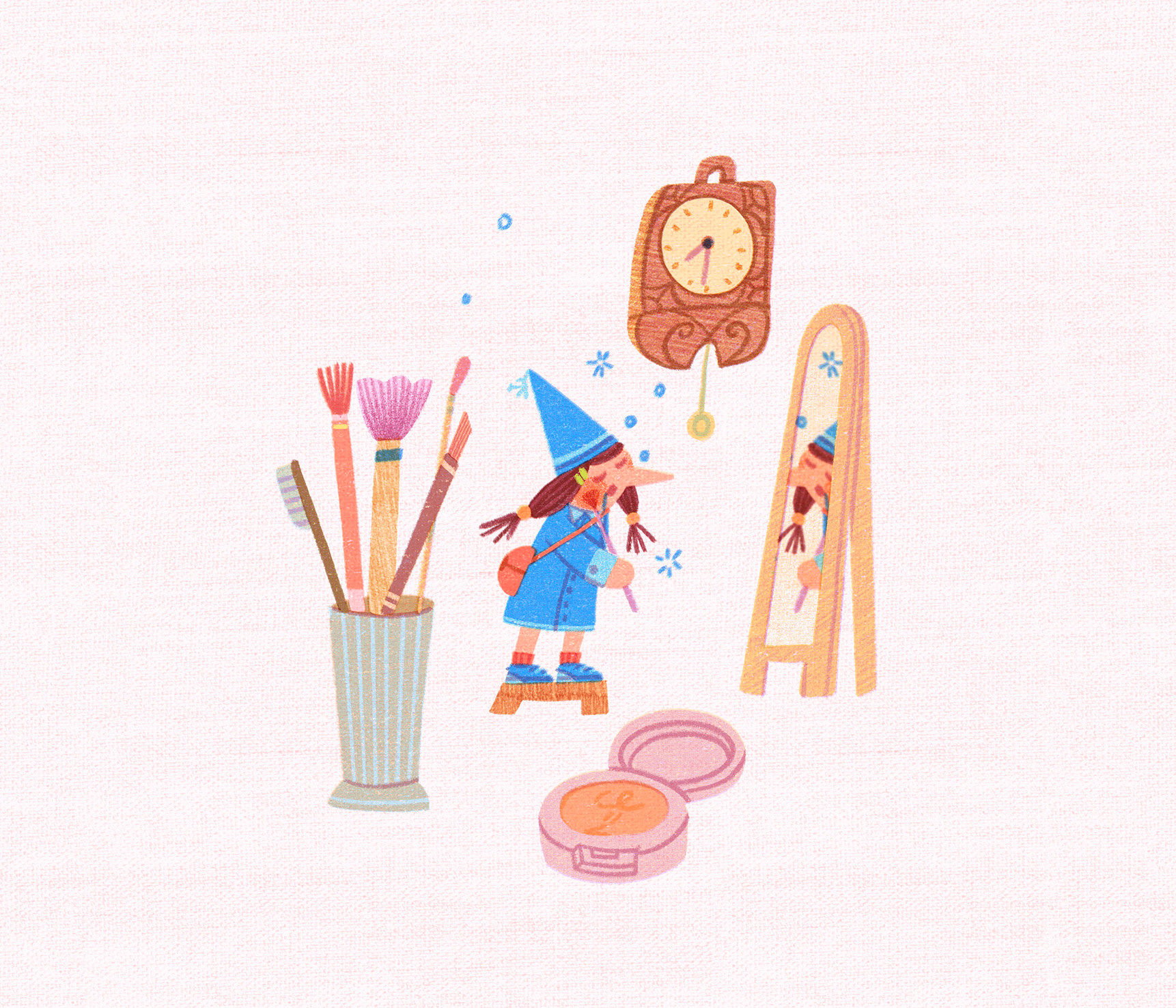 My Morning Routine art artwork blush brush childrensillustration clock cosmetics design illust illustration ipad kidlitillustraion mirror pattern peachtober25 photoshop sleepy tweetyheather