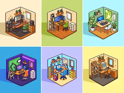 Workspace 🖥️🎧⚡👾 branding computer decor desk desk setup doodle flat furniture icon illustration interior isometric layout logo office room technology workplace workspace