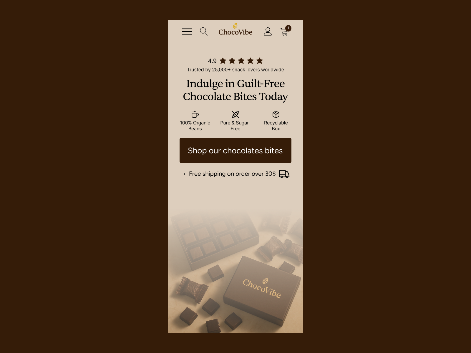 ChocoVibe – Premium E-Commerce Mobile Mockup checkoutdesign crodesign dribbble ecommerce ecommercedesign ecommerceux ecommercewebsite figma interface landingpage minimaldesign mobileui productdesign productpage shopifydesign uidesign uiux uxdesign webdesign webflowdesign