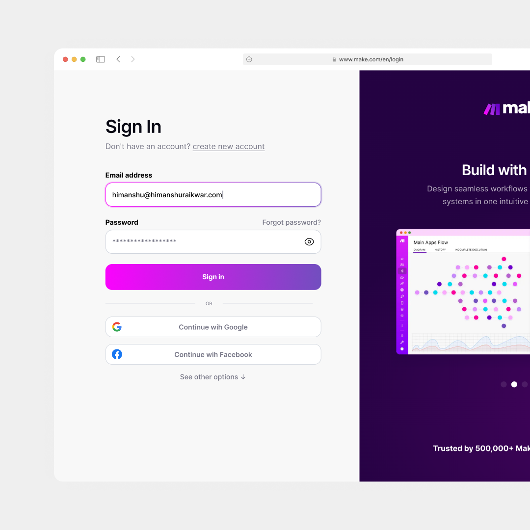 Make.com: A Fresh Sign-In & Sign-Up Experience animation branding call to action community design cute design design illustration logo modern design ui ui design