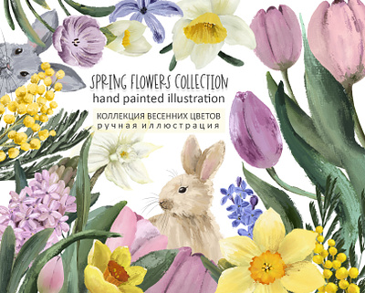 Spring flowers collection botanical illustration bunny daffodils floral flowers hand painted hare hyacinth illustration illustrator lilac mimosa narcissus prints rabbit spring spring flowers tulip