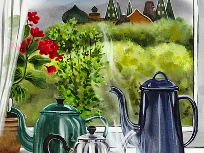 View from my window cityscape coffee drawing hand drawn hand painted illustration illustrator landscape paintings still life summer tea teapot watercolor watercolor illustration window
