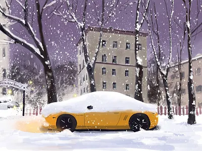 Winter Evening in Moscow car chevrolet camaro city city drawing city winter cityscape evening illustration moscow night city snow street urban art urban landscape urban sketch winter winter illustration winter night winter street yellow car