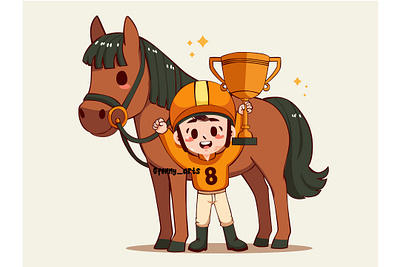 Cartoon Boy Proudly Holding a Trophy activity arena cartoon champion competitive cup equestrian helmet hobbies horse horseshoe jacket jockey outfit racing ride rider riding sport tournament