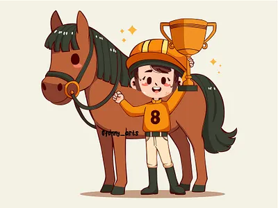 Cartoon Girl Holding a Trophy and Her Horse activity arena cartoon champion competitive cup equestrian helmet hobbies horse horseshoe jacket jockey outfit racing ride rider riding sport tournament