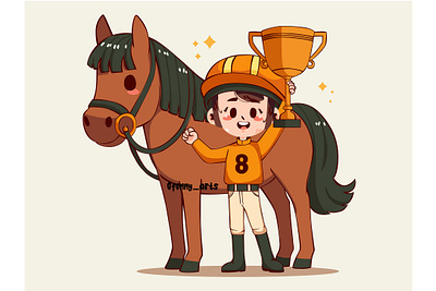 Cartoon Girl Holding a Trophy and Her Horse activity arena cartoon champion competitive cup equestrian helmet hobbies horse horseshoe jacket jockey outfit racing ride rider riding sport tournament