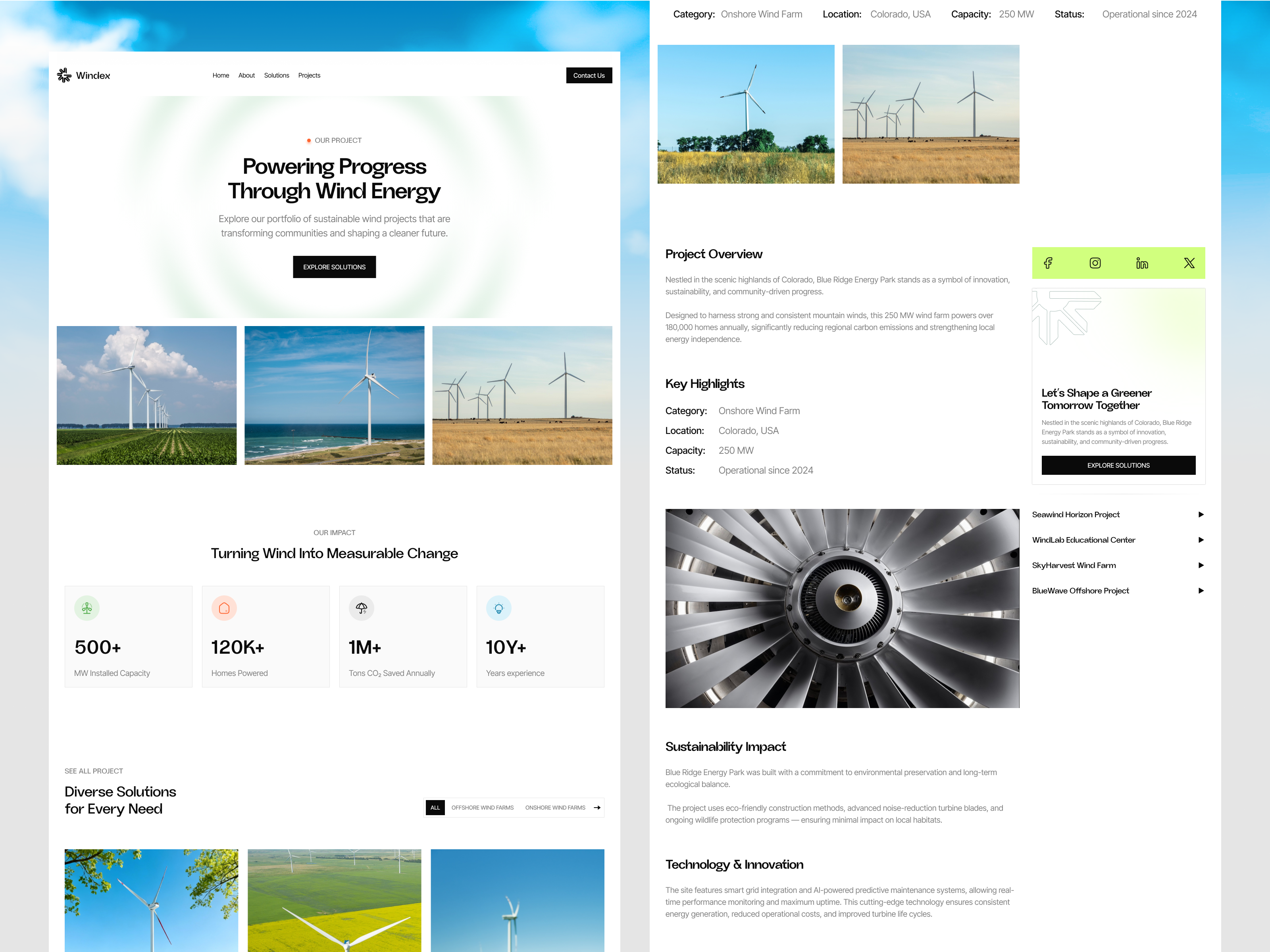 Wind Power Company Website | Project & Project Details Page interface product service startup ui ux web