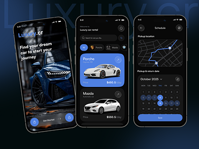 Car Rental Mobile App app ui automotive app calendar ui car booking car rental app dark theme ui high end rental interaction design ios app luxury cars map integration minimalist design mobile app design modern ui product design rental service reservation app sleek interface uiux design vehicle rental