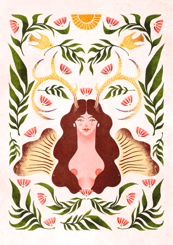 forest folk art illustration woman and antlers