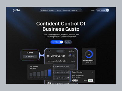 Gusto - Finance Landing page animation b2b banking digital banking exchange finance financial financial service fintech investment landing page modern money payment saas startup transactions ui wealth website