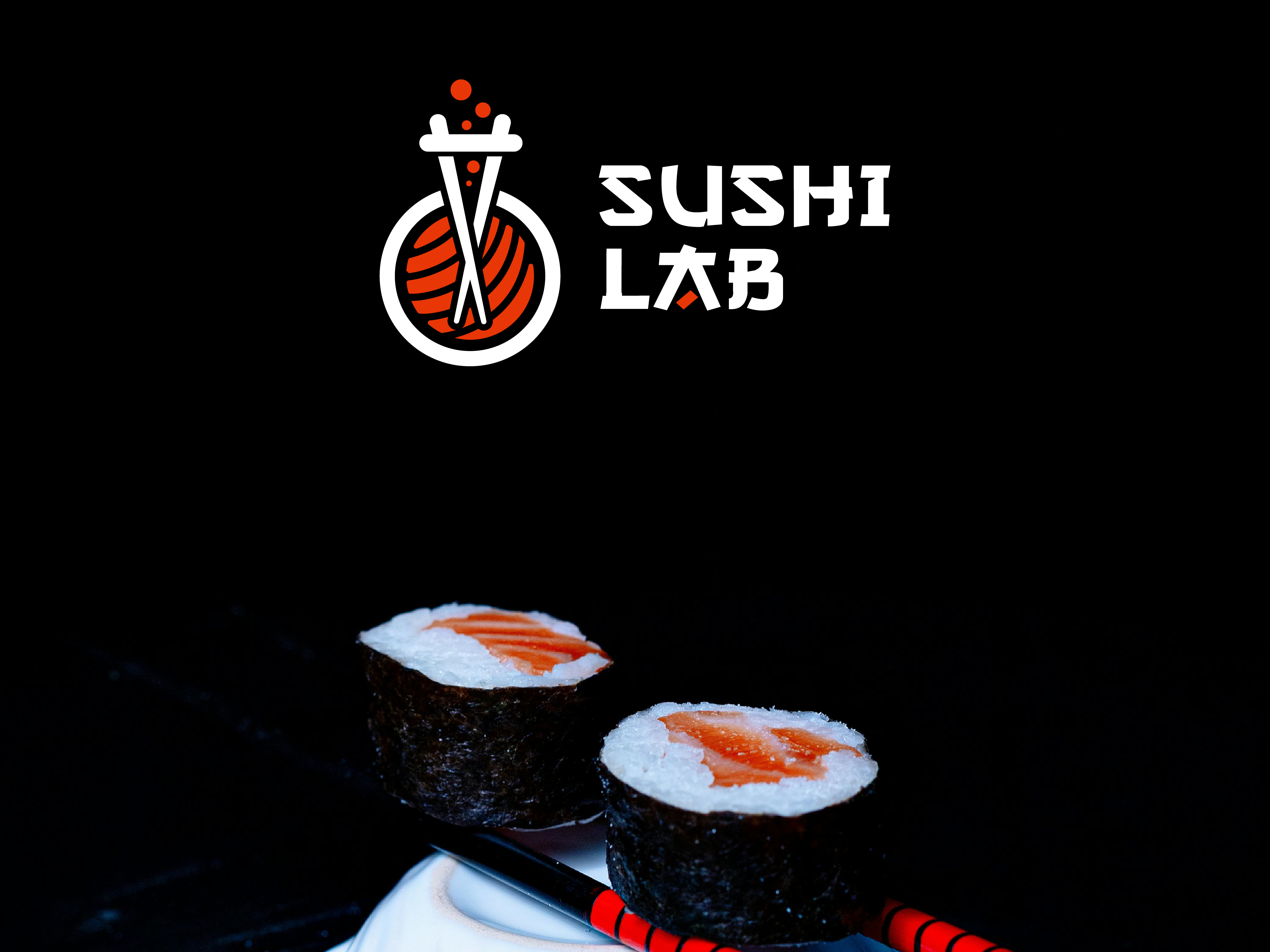 Sushi with Lab Flask logo Concept branding fish logo food logo food logo branding japanese food logo lab flask logo lab logo logo logo design restaurant branding restaurant logo sea food logo sushi branding sushi logo