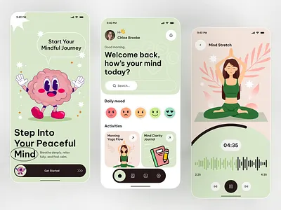 Mindful Journey App — Calm, Mood & Meditation UI Design app design calm app daily mood emotional design healthy mind journaling app meditation app mental health app mindful design mindfulness app mobile mobile app mood tracker self care app ui design wellbeing app wellness ui yoga app