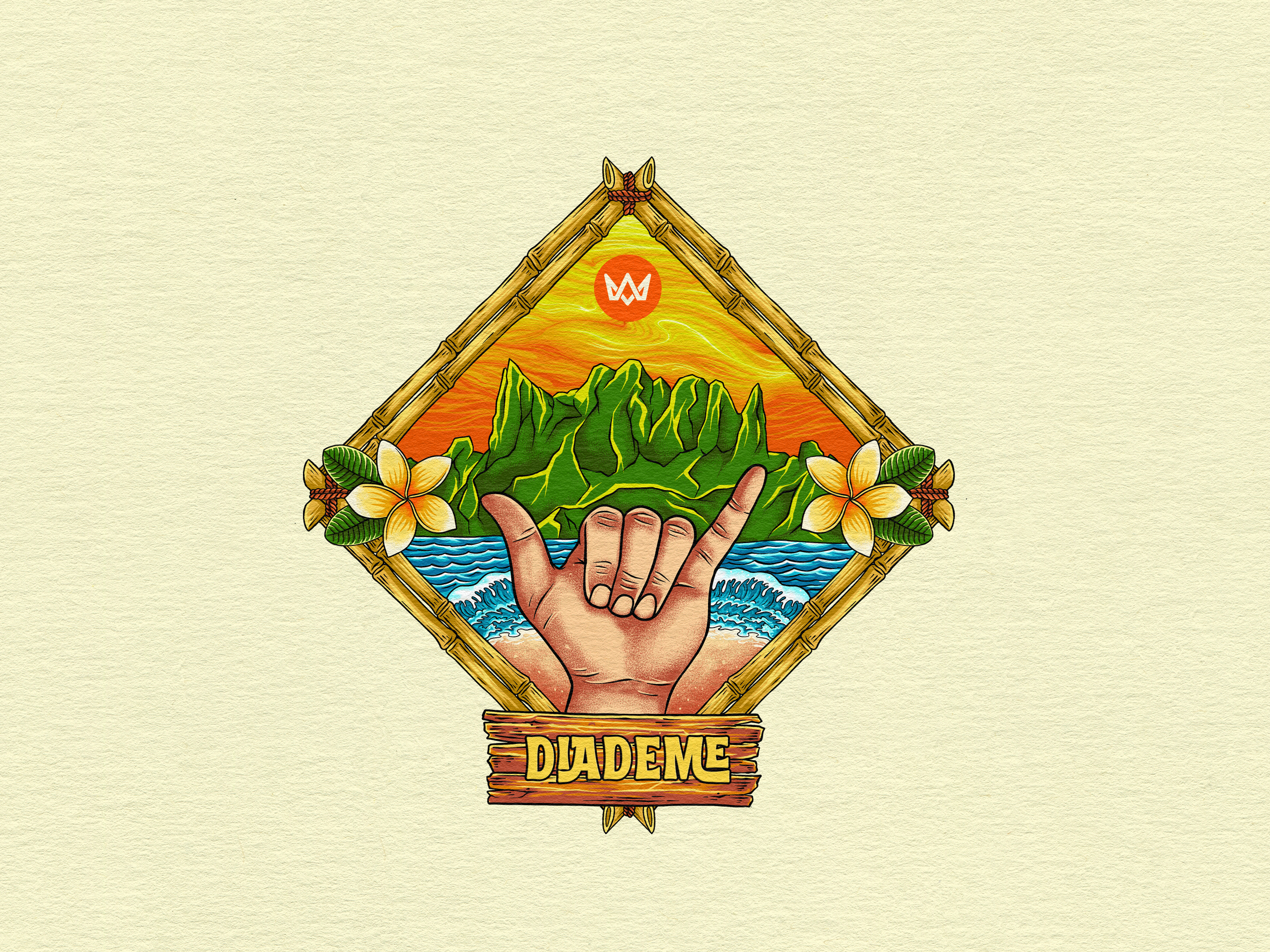 Diademe : Illustration for T-shirt alohaspirit apparel artwork branding design digitalillustration frangipani graphic design hangloose illustration islandmountains logo merchandise mountain palmart shakasign summer t shirt tropicalflowers