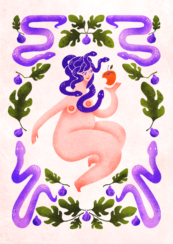 medusa illustration and forbidden fruit folk art