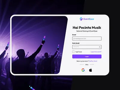 Modern EventEase Login Interface branding cleanui dailyui eventapp eventmanagement interface loginform loginpage minimaldesign mobileapp modernui productdesign purple sociallogin typography uidesign uiux userinterface uxdesign webdesign