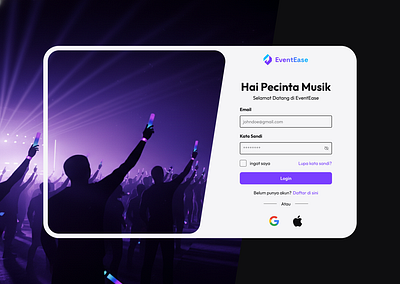 Modern EventEase Login Interface branding cleanui dailyui eventapp eventmanagement interface loginform loginpage minimaldesign mobileapp modernui productdesign purple sociallogin typography uidesign uiux userinterface uxdesign webdesign