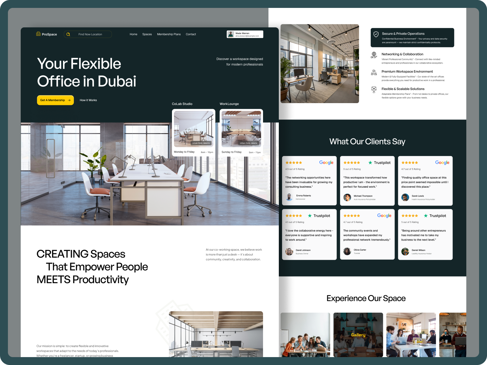 Co-Working Space Design Landing Page chat company profile corporate coworking coworking landing page coworking space website creative design desk setup figma homepage landing page mockup office studio design typography ui ux web design website design