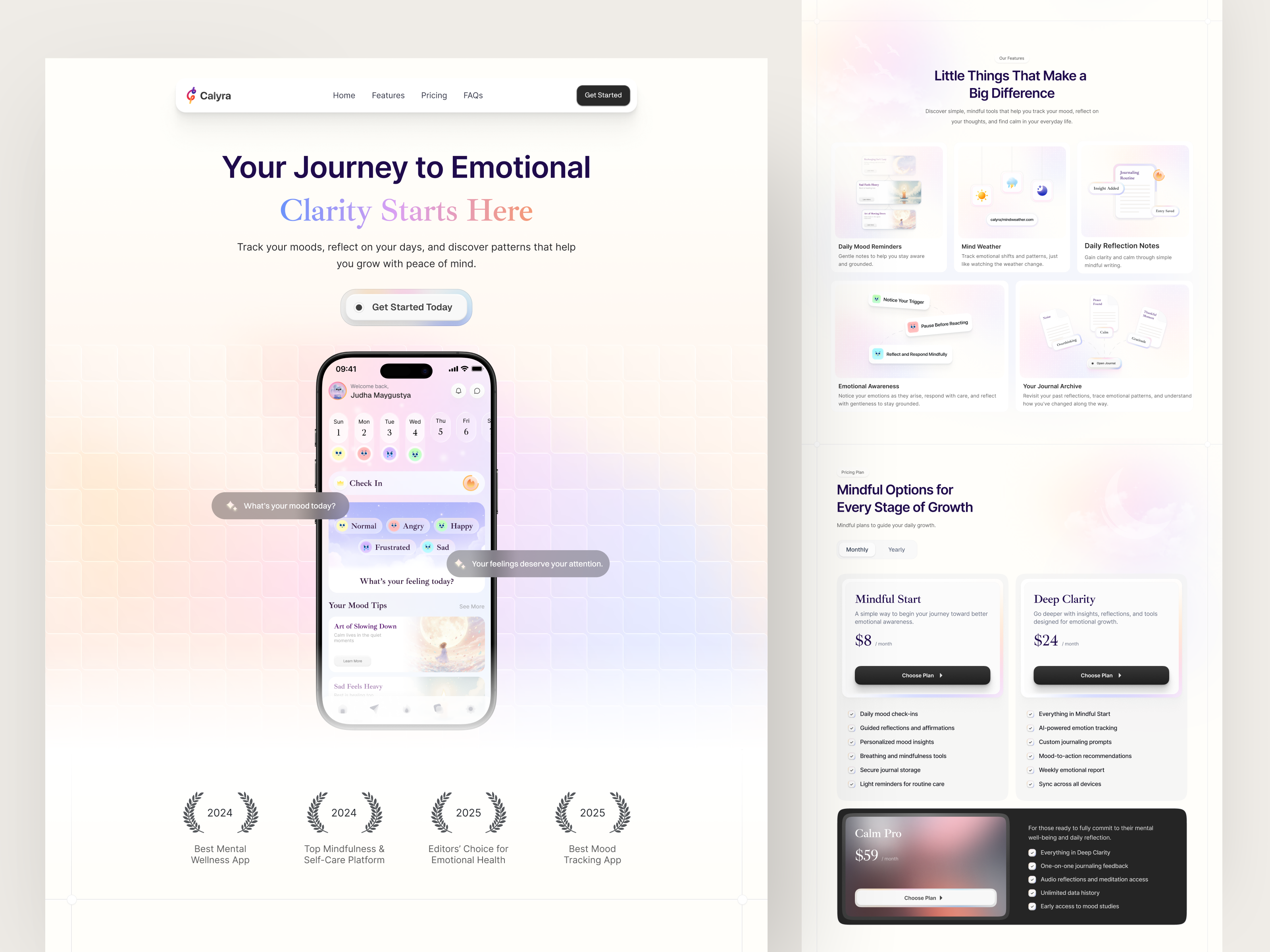 Calyra - Mood Tracker Landing Page emotion tracker emotional tracking fun design health journal landing landing page meditation app meditation landing mental health minimal ui mood log mood tracker product design saas self care soft design wellness app