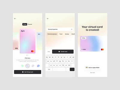 Zyro app cards app design banking card cart design finance fintech fintech app interaction interface ios minimalist motion pay payment ui ui ux ux virtualcard wallet