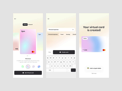 Zyro app cards app design banking card cart design finance fintech fintech app interaction interface ios minimalist motion pay payment ui ui ux ux virtualcard wallet