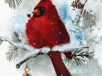 Watercolor illustration bell bird botanical cardinal cardinal bird christmas christmas card christmas illustration hand painted illustration merry christmas painting pine branch print red bird snow watercolor watercolor bird winter winter illustration