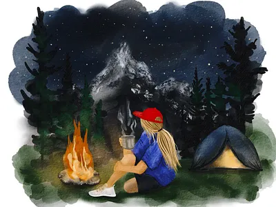 Night Camping Watercolor Illustration. Girl by the Fire. bonfire camp campfire camping fire forest girl hand drawn illustration moon mountains night night forest outdoor painting stars summer travel watercolor watercolor illustration