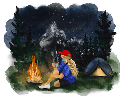 Night Camping Watercolor Illustration. Girl by the Fire. bonfire camp campfire camping fire forest girl hand drawn illustration moon mountains night night forest outdoor painting stars summer travel watercolor watercolor illustration