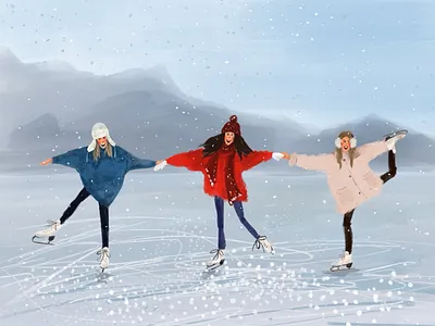 Girls ice skating illustration girls ice ice rink ice skating illustration mountains people people sketch skating skating rink snow snowflakes snowy winter winter activity winter illustration winter landscape winter scene winter sports winter time