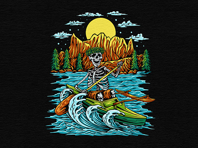 Skeleton Voyage : Illustration for T-shirt alohavibe apparel artwork branding canoeadventure darkartvibes design graphic design hand drawn illustration lake merchandise mountainview river rowing boat skeletonart surrealart t shirt tropical death vintageillustration