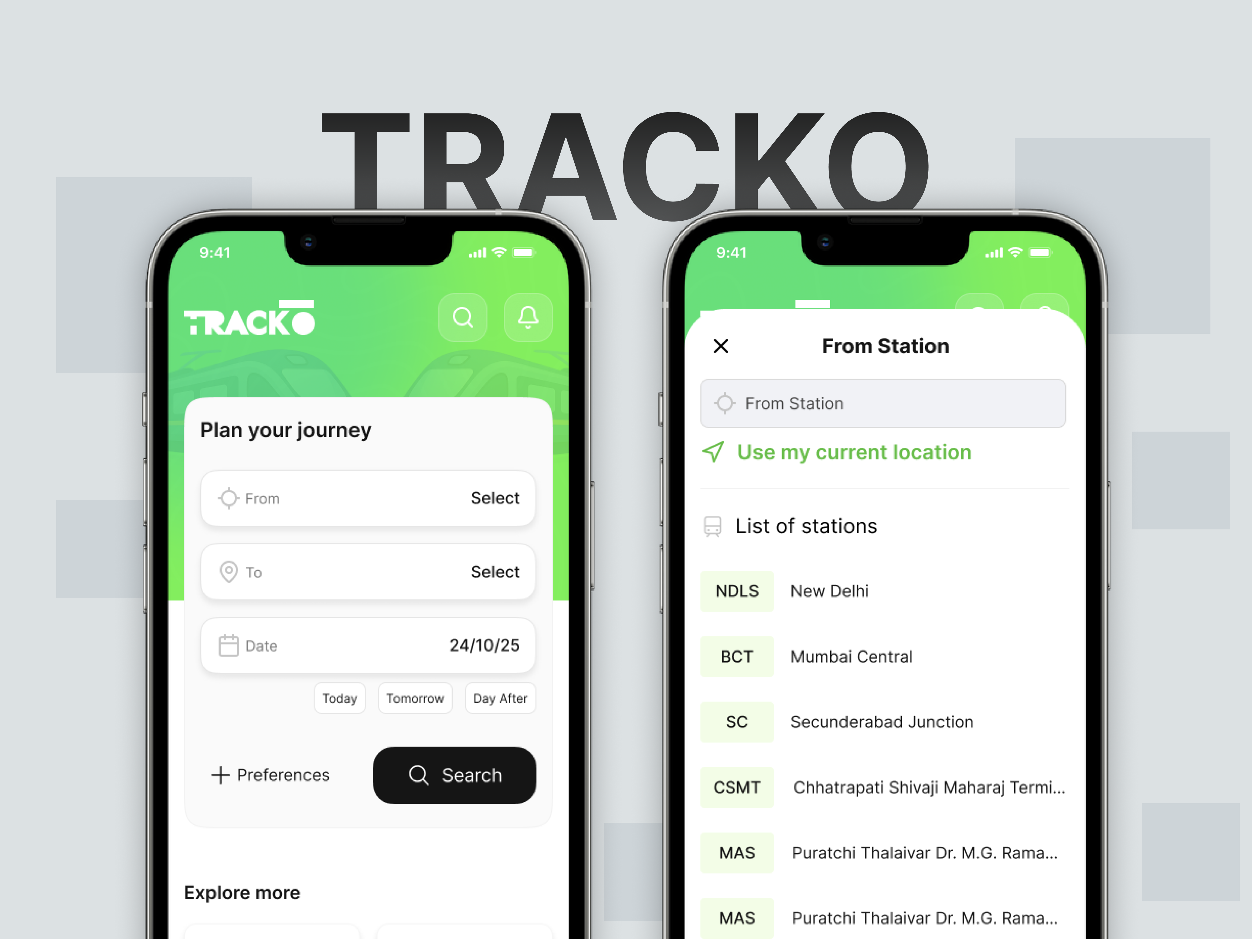 tracko train booking mobile application design illustration
