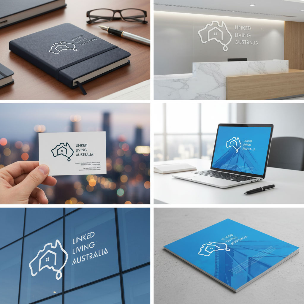 Linked Living Australia — Brand Identity Design 🇦🇺 australia map logo brand identity brand presentation branding concept clean logo corporate identity home logo logo design minimal mark modern branding property branding real estate logo stationery design visual identity