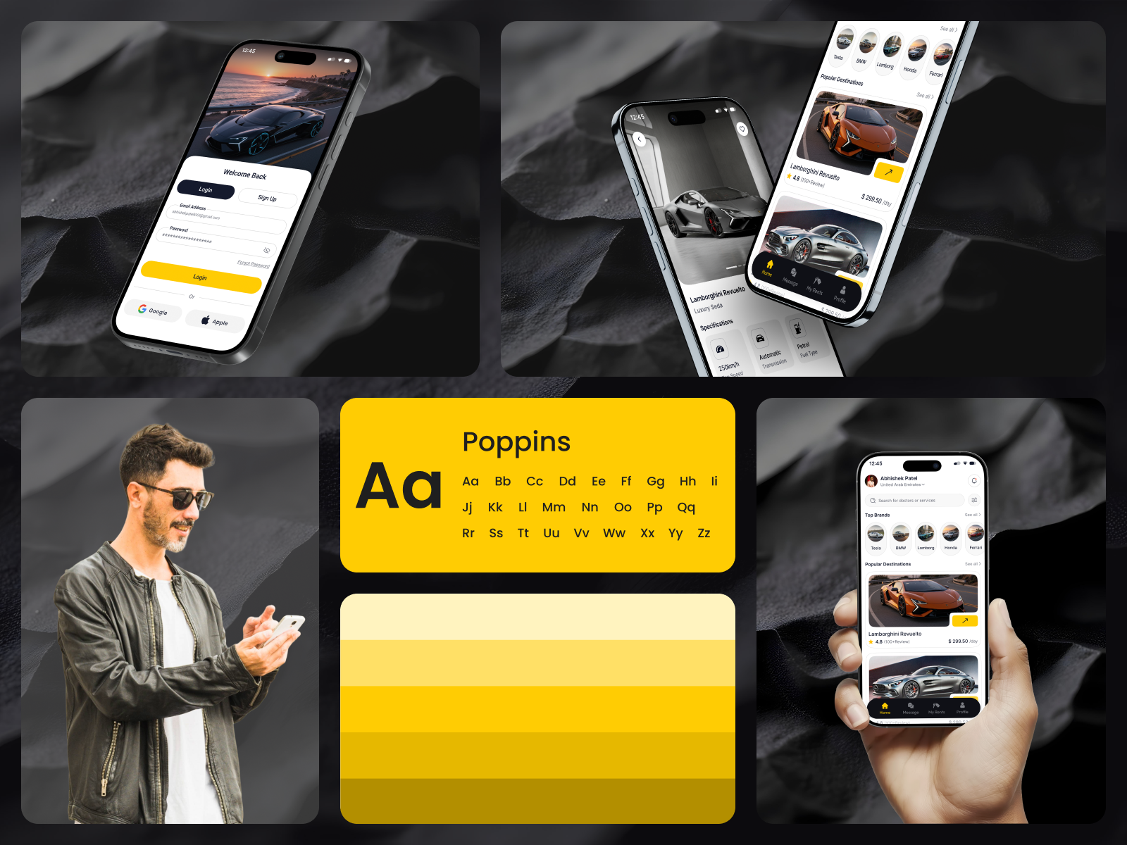 Car Rental Mobile App Design Concept android app app ui automotive ui booking app car booking app car rental clean ui dark theme figma design interface design ios app luxury app luxury cars mobile app design modern ui product design rental app startup app ui design ux design