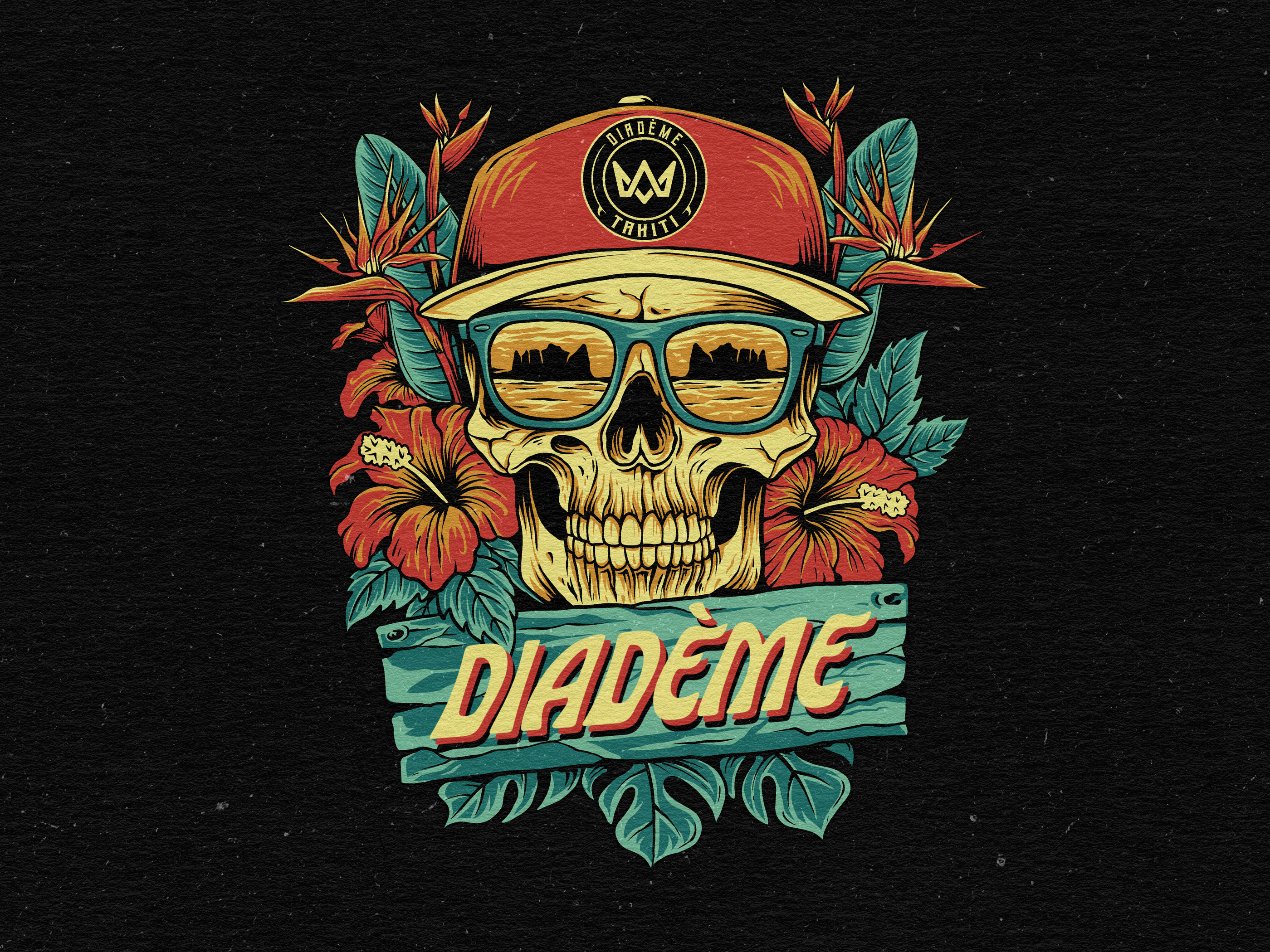 Diademe Tahiti : Illustration for T-shirt aloha vibe apparel artwork branding darkskull design graphic design heliconia hibiscusart illustration islandspirit merchandise monstera retrodesign skullart surfculture t shirt tropicalskull tropicalvibes vintageillustration