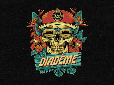 Diademe Tahiti : Illustration for T-shirt aloha vibe apparel artwork branding darkskull design graphic design heliconia hibiscusart illustration islandspirit merchandise monstera retrodesign skullart surfculture t shirt tropicalskull tropicalvibes vintageillustration