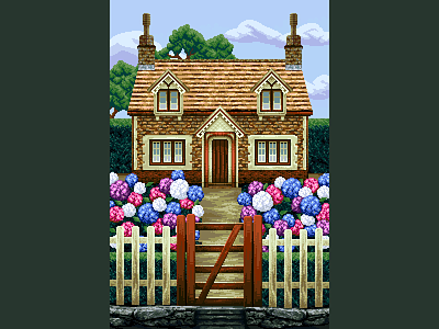 English Cottage 16bit 8bit blossom cabin cottage enviroment fairy fence game design house hydrangea illustration lodge pixel art pixelart rural rustic village