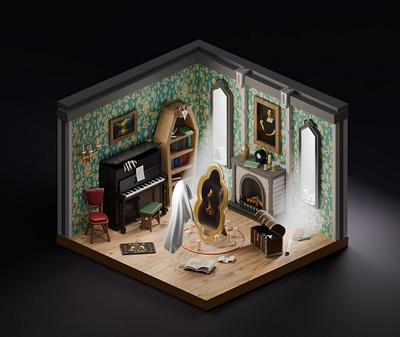 Through the walls 3d 3d character blender diorama ghost halloween library low poly modelling room spooky