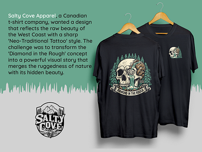 Salty Cove Diamond in the Rough T-Shirt Design appareldesign blackandwhite bold diamond edgy flash forest graphicdesign illustration nature neotraditional saltycove screenprint skull tattoo tattooart tshirt vector waterfall westcoast