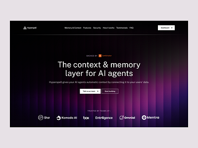 Hyperspell landing page bold design dark theme futuristic gradient graphic design landing page purple startup ui web design website design