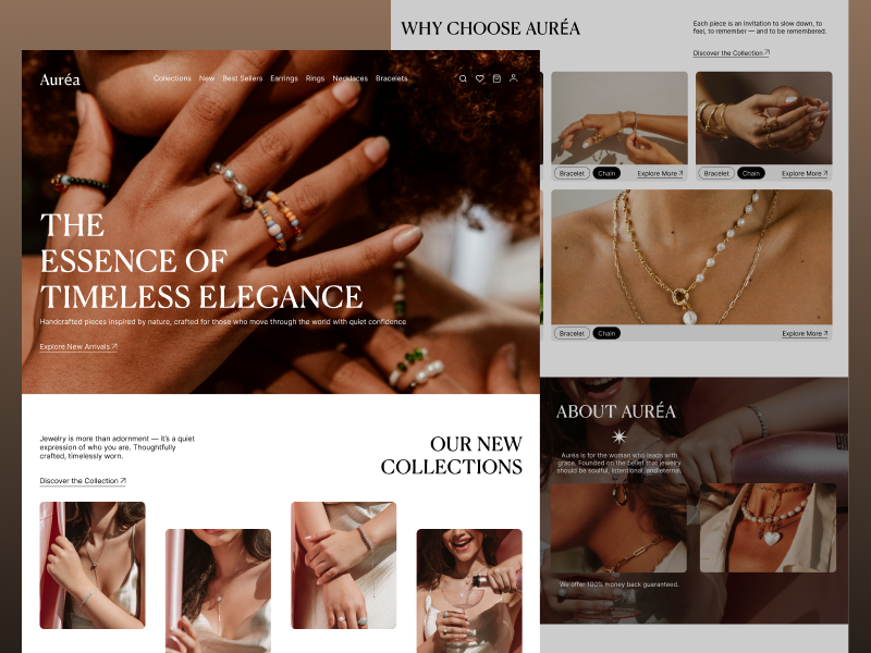 Auréa — Jewelry E-commerce Website Design brandingdesign ecommercebranding ecommercedesign elegantdesign fashionwebsite jewelrywebsite landingpage luxurydesign minimaldesign modernwebdesign onlinestore productpage responsivedesign retaildesign uidesign uxdesign webdesign weblayout websitedesign