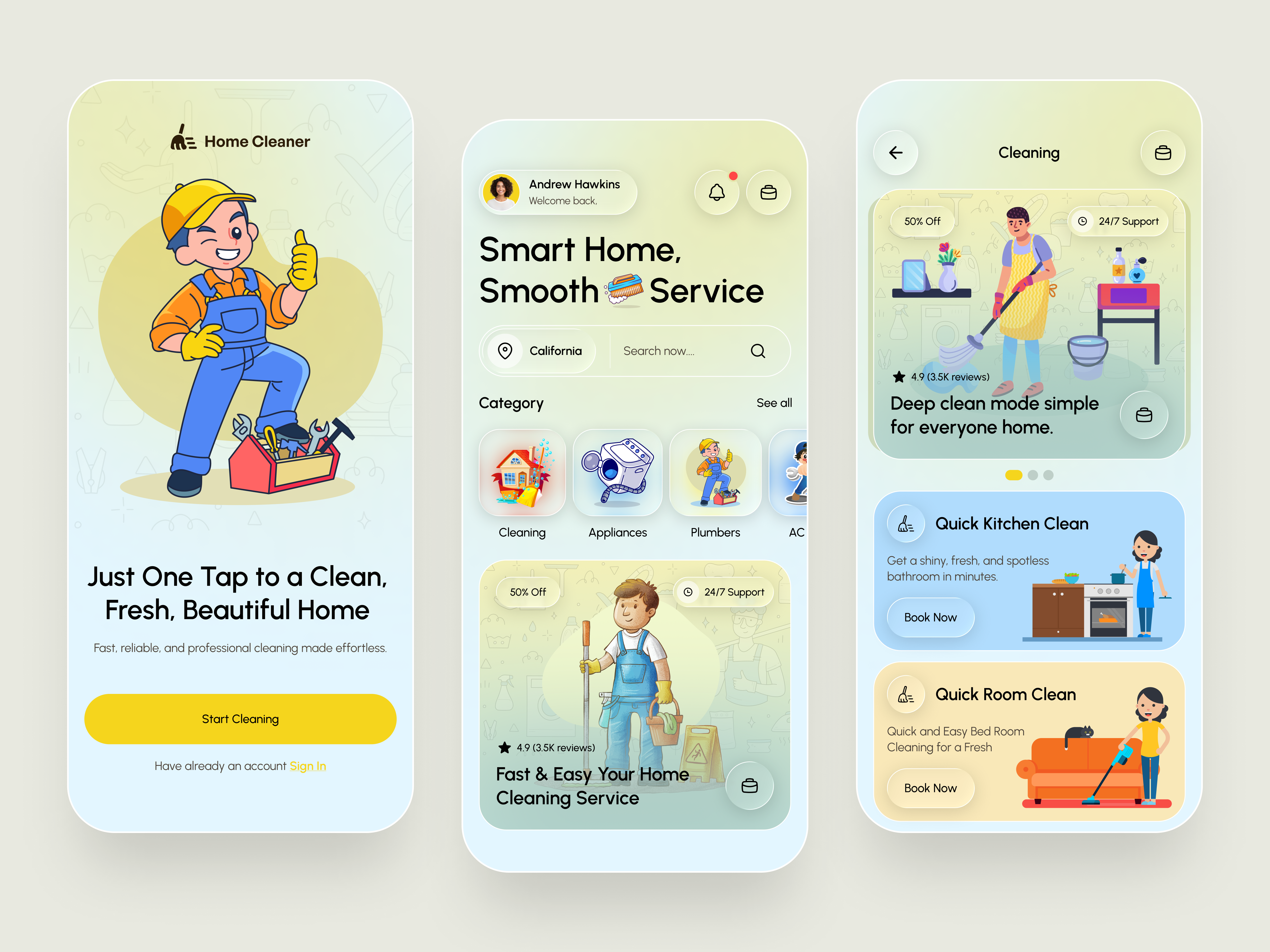 Home Cleaner App | Smart Home Service UI/UX Design 🧼 appdesign cleaningapp cleanui dailyui handyman home cleaner app homemaintenance illustration interactiondesign minimaldesign mobileapp mobileui onboarding pastelcolors service app servicedesign smartservice uiconcept uidesign uxdesign