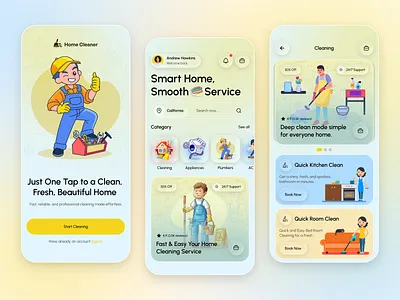 Smart Home Cleaning App UI – Effortless Service Experience appdesign cleaningapp cleanui dailyui designinspiration home cleaning app home service app homemaintenance illustration interactiondesign minimaldesign mobileapp mobileui onboarding pastelcolors servicedesign smartservice uiconcept uidesign uxdesign