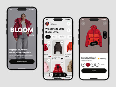 Bloom Studio – Fashion Shopping App UI app app store clothing app e commerce ecommece ui ecommerce app fashion fashion app fashion shop mobile app ui mobileapp shopify shopping app winter fashion app