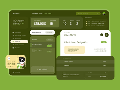 Crevra – Client Management SaaS (invoice) bento grid branding client management coding figma freelance tool fresh green interface japanese style macha green minimal design modern retro productivity saas ui web dashboard website wep app zen