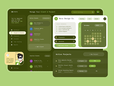 Crevra – Client Management SaaS (Project & Client) bento grid branding coding dashboard figma freelance tool green interface japanese style macha green minimal design modern retro productivity saas ui ui ux visual identity web app website zen