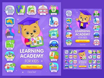 Learning Academy advertising app app games app store banner bimi boo branding children design for kids games google banner illustration kids learning vector