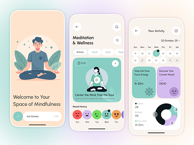 Meditation & Wellness Mobile App activity tracker app screen calm clean ui dashboard ui digital wellness fitness app flat illustration health app ios app design meditation app mental health mindfulness minimal design mobile app mood tracker pastel colors uiux design user interface wellness app